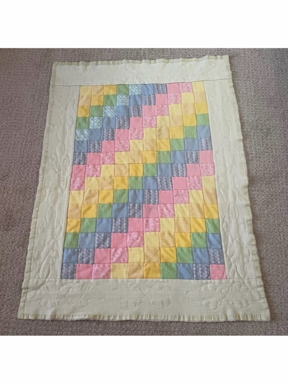 Pastel Baby Quilt Handmade Patchwork Satin Edge Crib Blanket Easter Pink Green